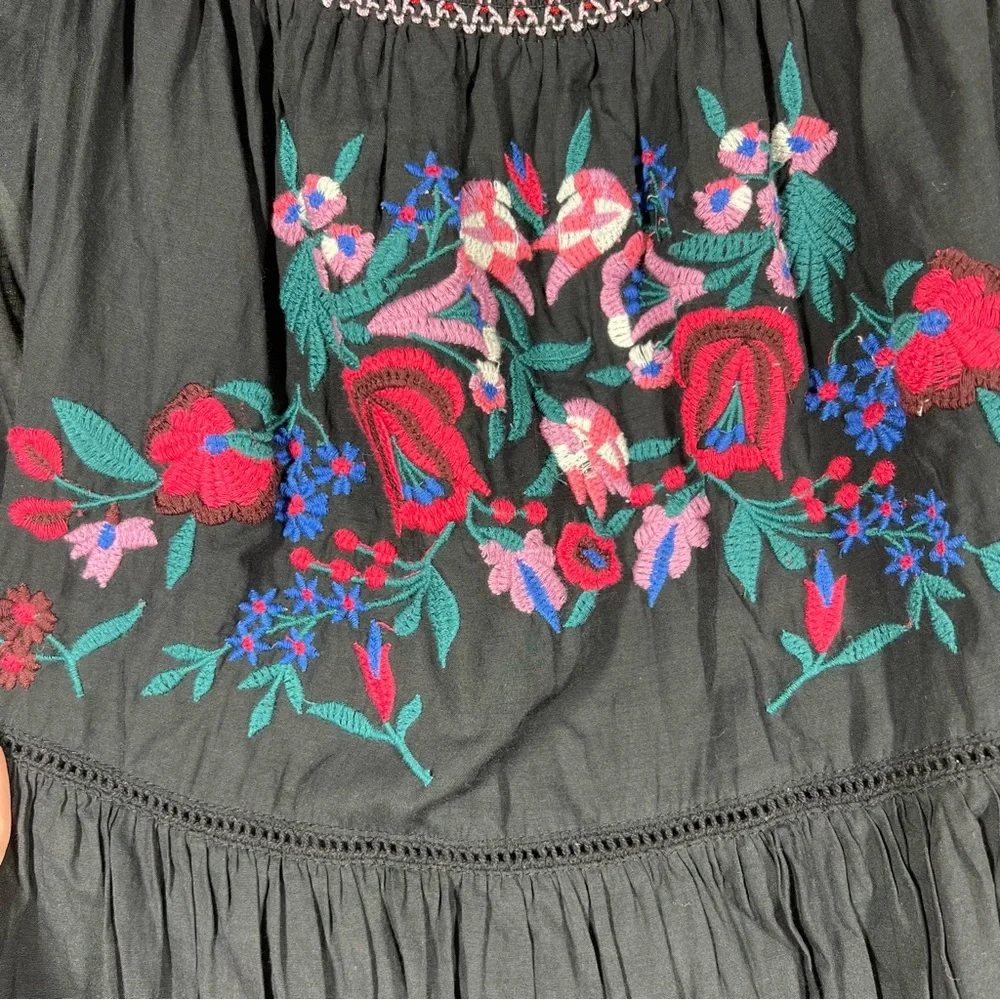Free People‎ Black Pink Embroidered Floral Off The Shoulder Top